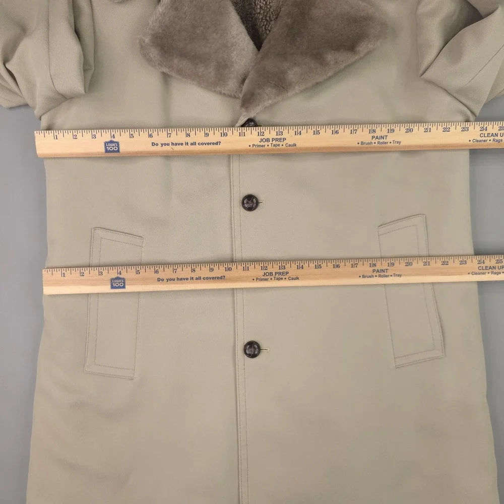 Vintage Fur Collar Coat Mens 40 Beige Faux Fur Lined Dress Overcoat Winter